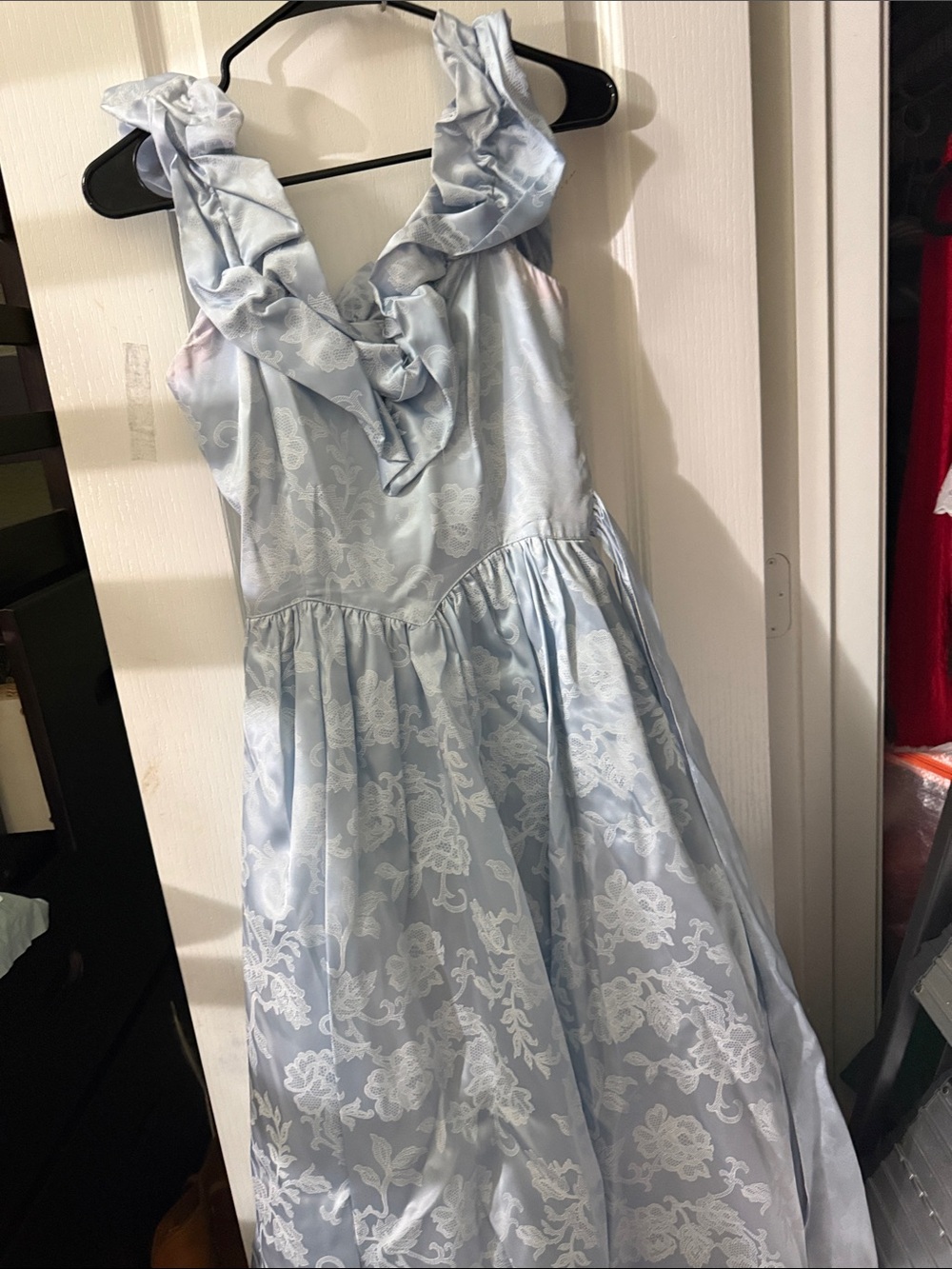 Gunne Sax Light Blue and White Floral Ruffle-Trim Girls' Formal Dress